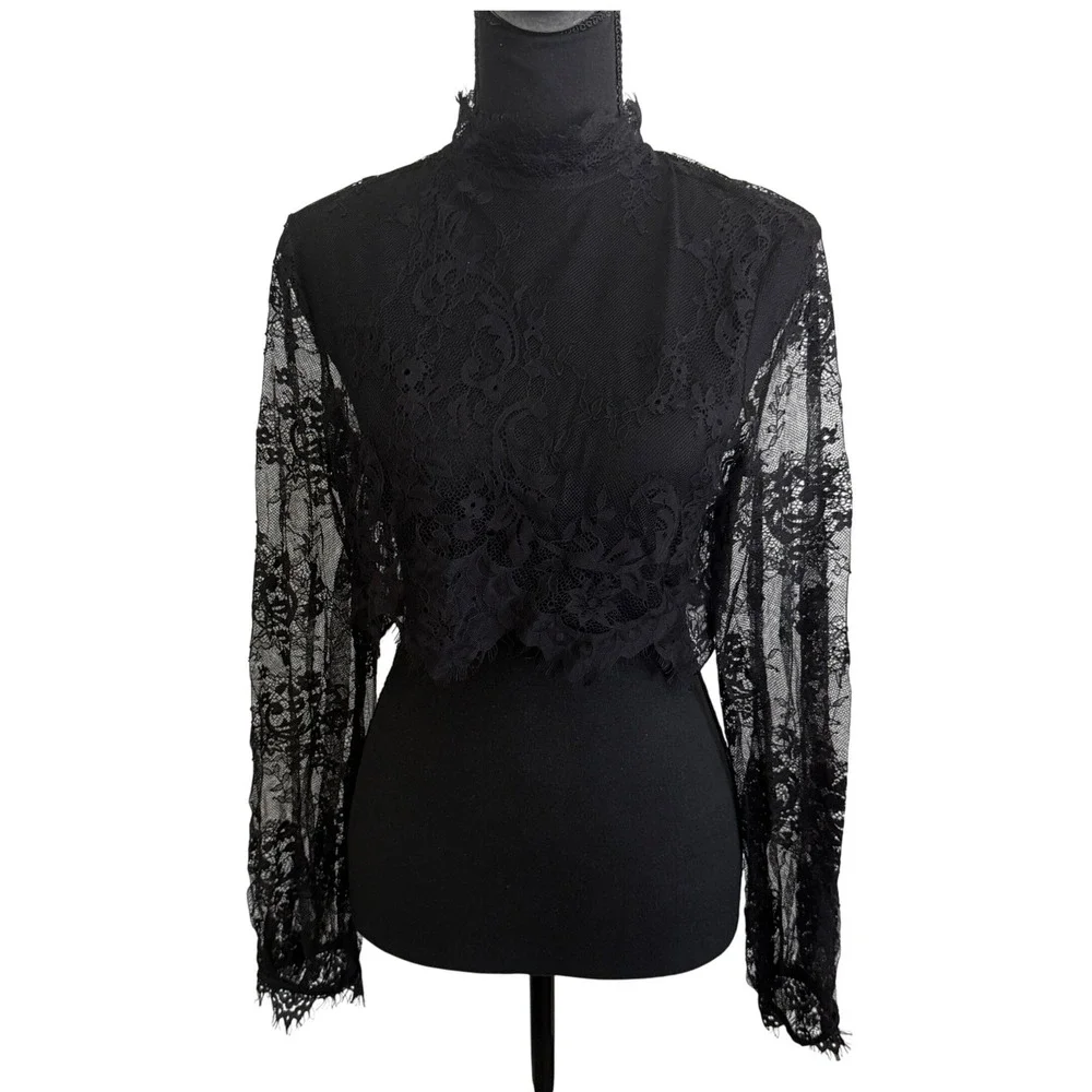 SHEIN Black Floral Lace Mock Neck Crop Top Sheer Long Sleeve Eyelash Trim Small